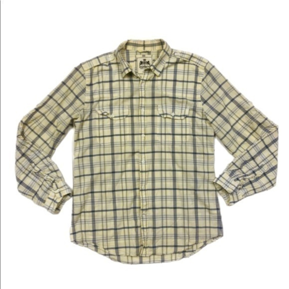 Express Men’s Casual Plaid Long Sleeve Blue Yellow Button Down Shirt, L